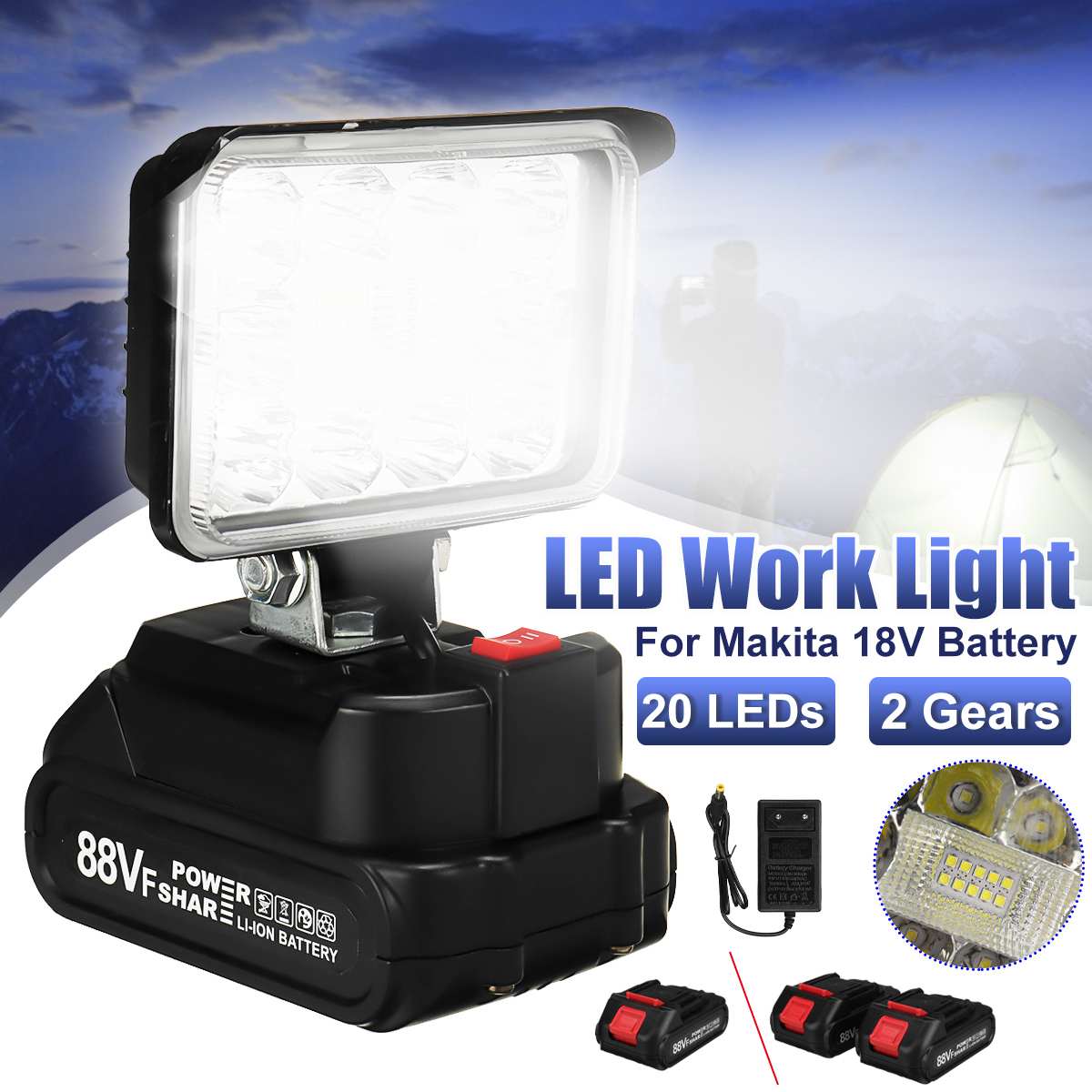 20 LEDS 3 Inch 2 Gears Portable Spotlight Work Light 12000LM Torch Outdoor Camping Light For 18V Battery